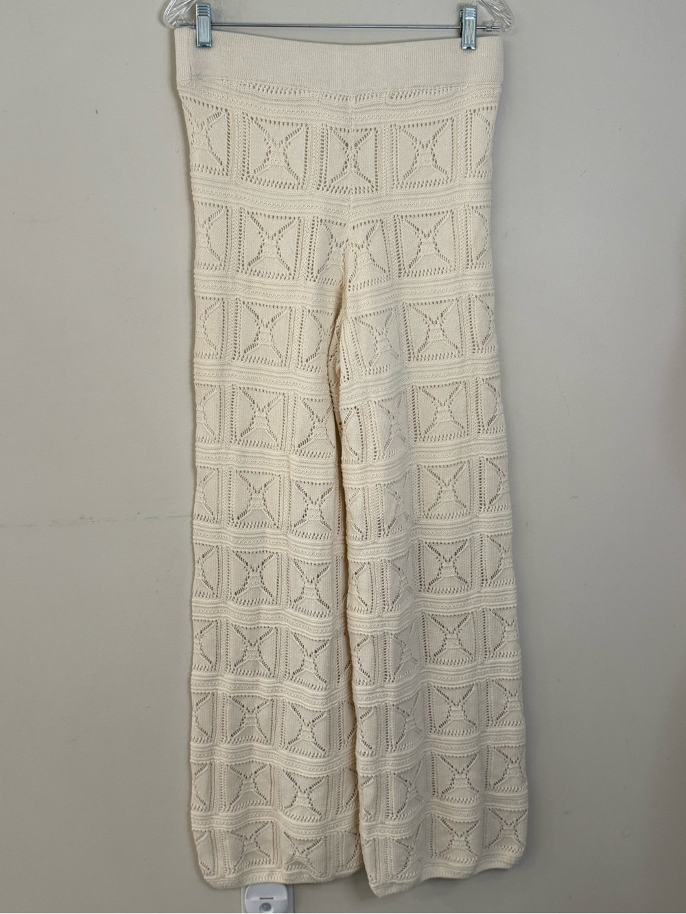 Crochet knit cream lined granny square quiet luxury palazzo pants SZ M